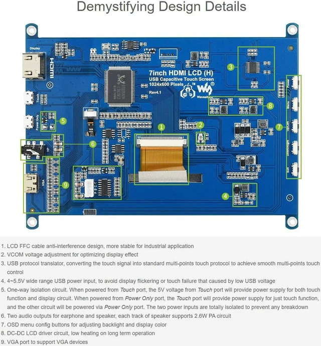 Alt view image 6 of 7 - waveshare 7inch Capacitive Touch Screen LCD Compatible with Raspberry Pi 5/4B/3B+/3A+/2B/B+/A+/Zero/Zero W/WH/Zero 2W CM3+/4 Series Boards 1024×600 Resolution HDMI IPS Supports Windows