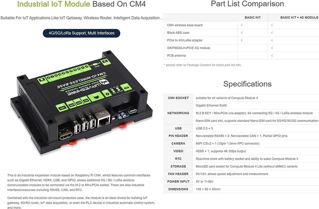Alt view image 2 of 7 - Waveshare Industrial IoT Wireless Expansion Module Designed for Raspberry Pi Compute Module 4 Bundle with 4G Module SIM7600G-H-PCIE 12V 2A Power Adapter and So on(7 Items)