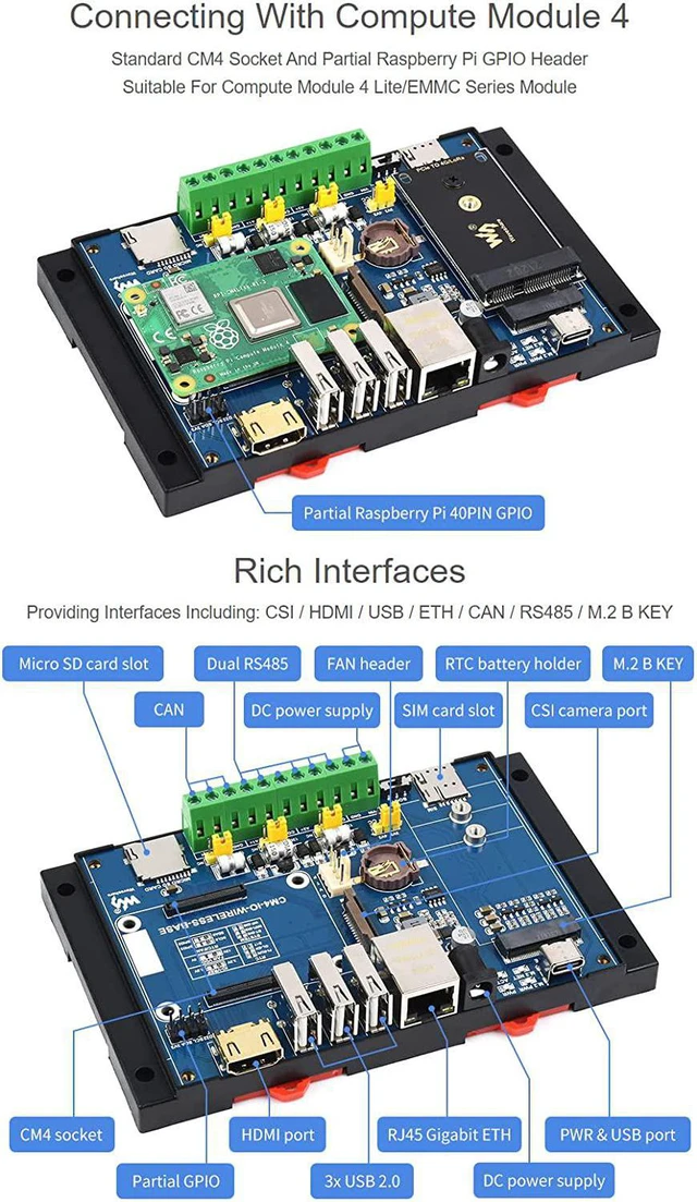 Alt view image 4 of 7 - Waveshare Industrial IoT Wireless Expansion Module Designed for Raspberry Pi Compute Module 4 Bundle with 4G Module SIM7600G-H-PCIE 12V 2A Power Adapter and So on(7 Items)