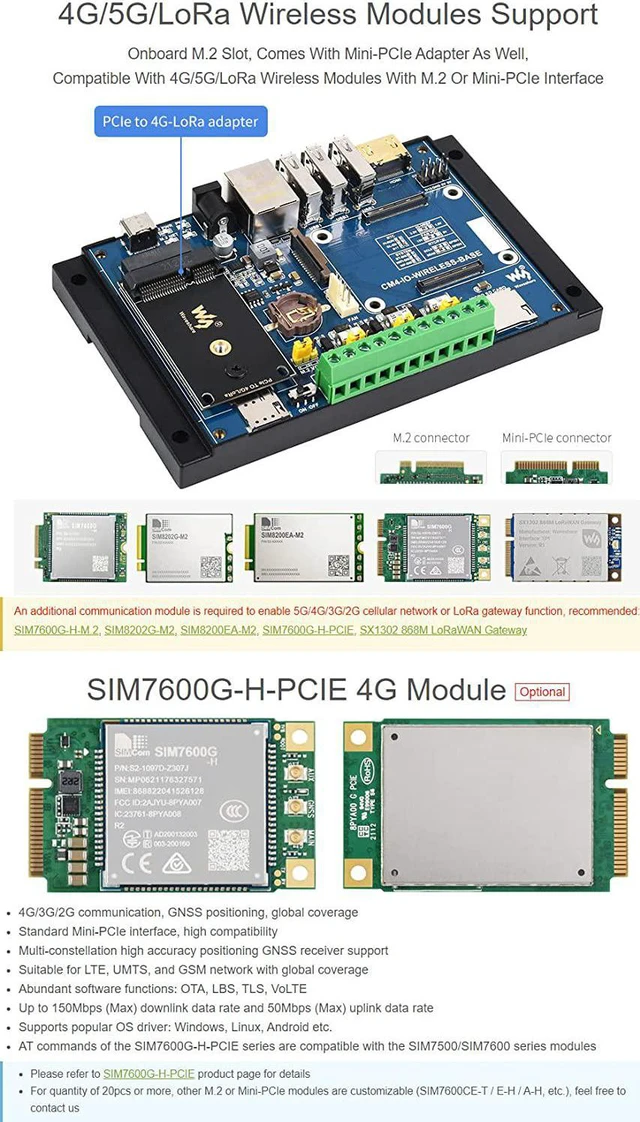 Alt view image 5 of 7 - Waveshare Industrial IoT Wireless Expansion Module Designed for Raspberry Pi Compute Module 4 Bundle with 4G Module SIM7600G-H-PCIE 12V 2A Power Adapter and So on(7 Items)