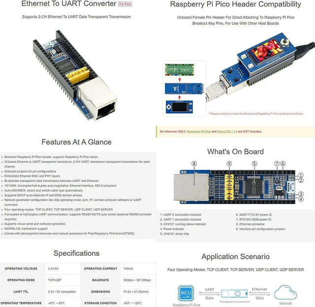 Alt view image 5 of 6 - Waveshare Ethernet to UART Converter for Raspberry Pi Pico 10/100M Ethernet Enabling Network Communication Through UART Supports 2-CH Ethernet to UART Data Transparent Transmission