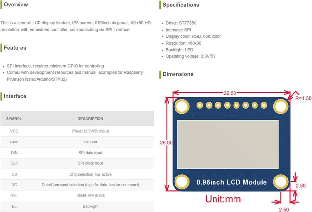 Alt view image 3 of 3 - waveshare 0.96inch LCD Display Module IPS Screen 160x80 HD Resolution with Embedded Controller Communicating via SPI Interface Compatible with Raspberry Pi/Jetson Nano/STM32