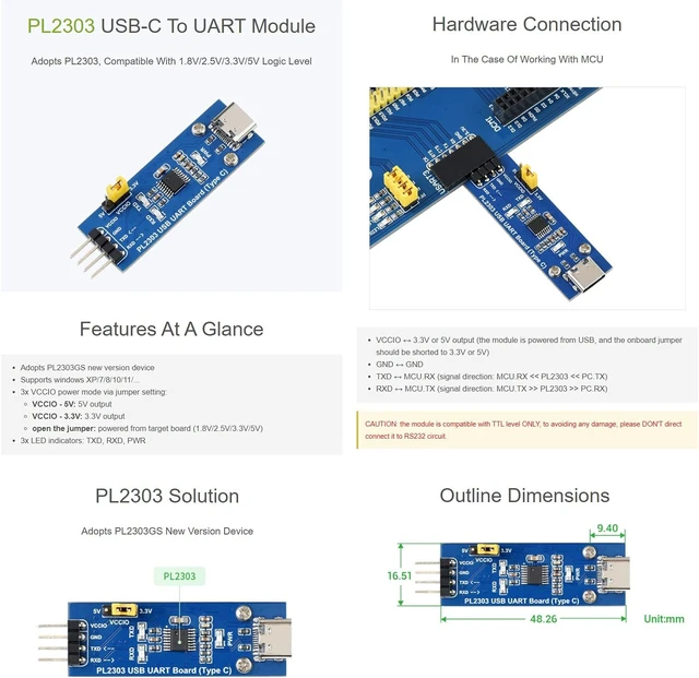Alt view image 5 of 5 - Waveshare PL2303 USB to UART (TTL) Communication Module Compatible with 1.8V/2.5V/3.3V/5V Logic Level with USB-C Connector Adopts PL2303
