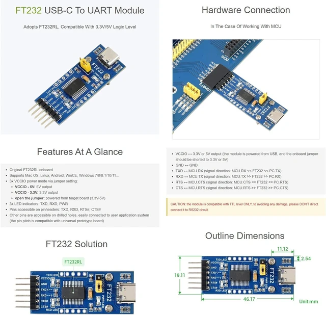 Alt view image 4 of 4 - Waveshare FT232 USB to TTLUART Communication Module, USB Type C Connector, Compatible with Mac OS, Linux, Android, Wince, Windows 7/8/8.1/10/11...