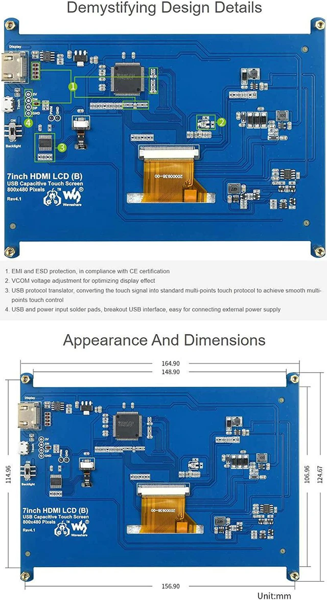 Alt view image 6 of 7 - waveshare Capacitive Touch Screen HDMI LCD 7inch Type B Without Back Case Compatible with Raspberry Pi 4B/3B+/3B etc. Support PC Windows 11/10/8.1/8/7