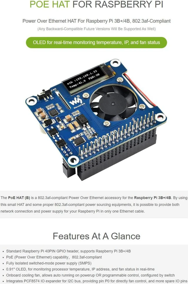 Alt view image 2 of 7 - waveshare PoE HAT (B) for Raspberry Pi 3B+/4B 802.3af Power-Sourcing Equipment Required