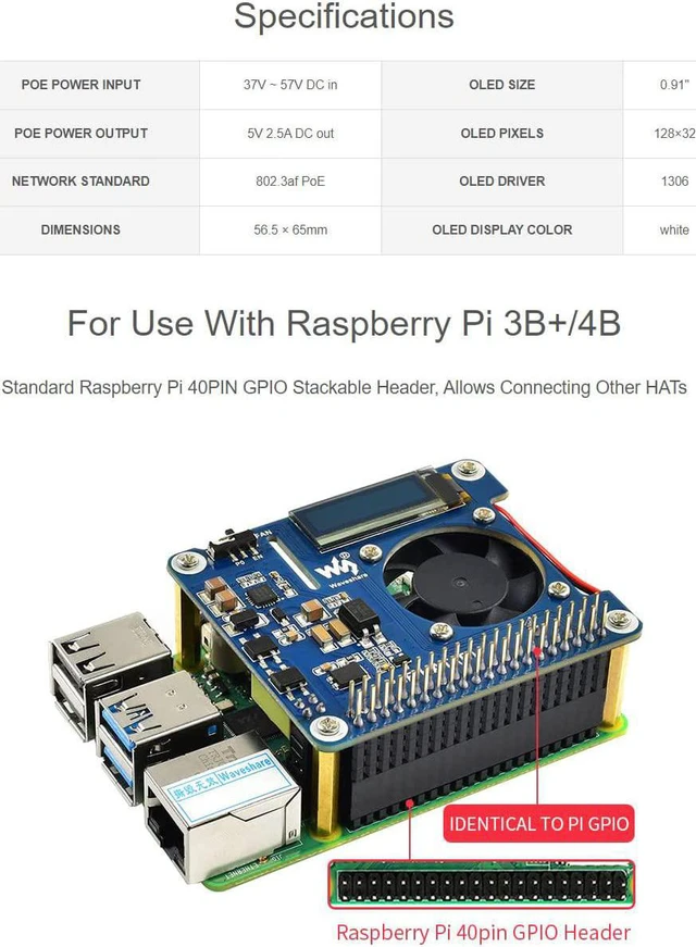 Alt view image 3 of 7 - waveshare PoE HAT (B) for Raspberry Pi 3B+/4B 802.3af Power-Sourcing Equipment Required
