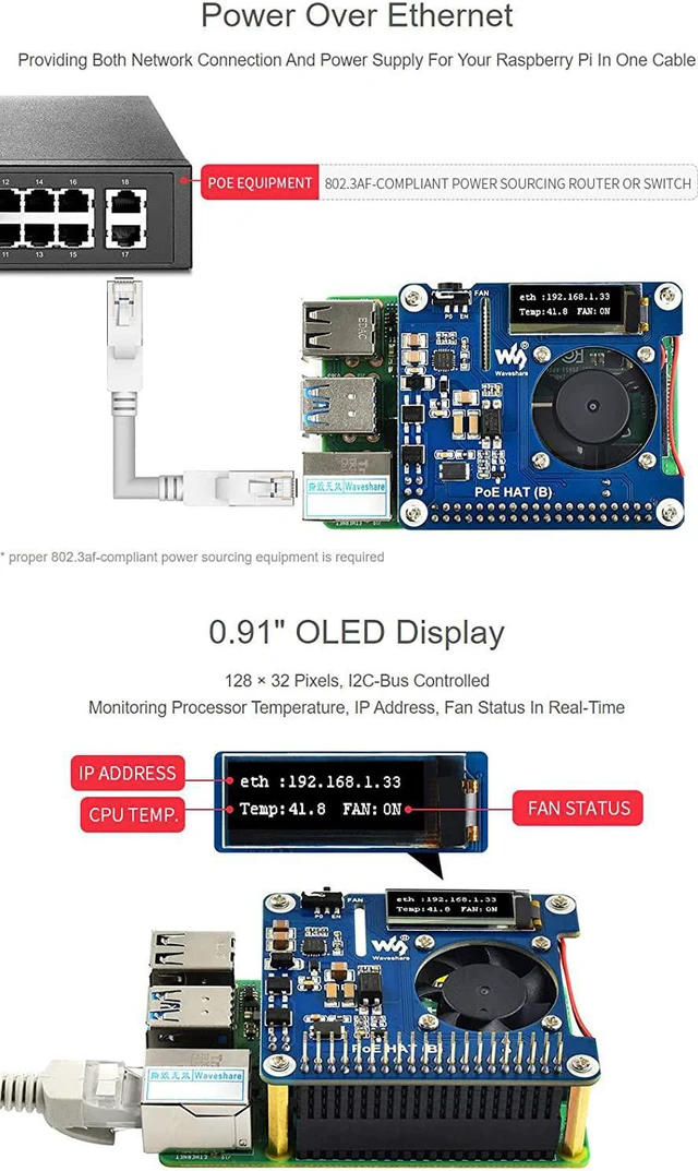 Alt view image 4 of 7 - waveshare PoE HAT (B) for Raspberry Pi 3B+/4B 802.3af Power-Sourcing Equipment Required