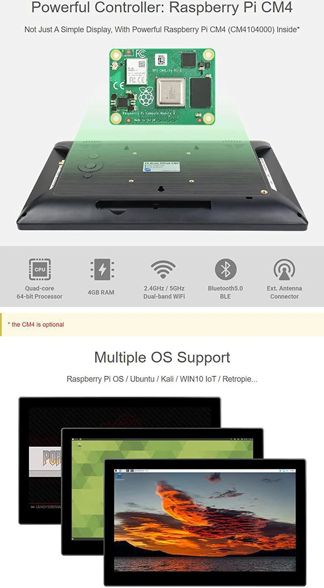 Alt view image 4 of 7 - waveshare Mini-Computer Powered by Compatible with Raspberry Pi CM4 13.3inch HD Touch Screen with USB/ETH Ports with Powerful Raspberry Pi CM4 (CM4104000) Inside