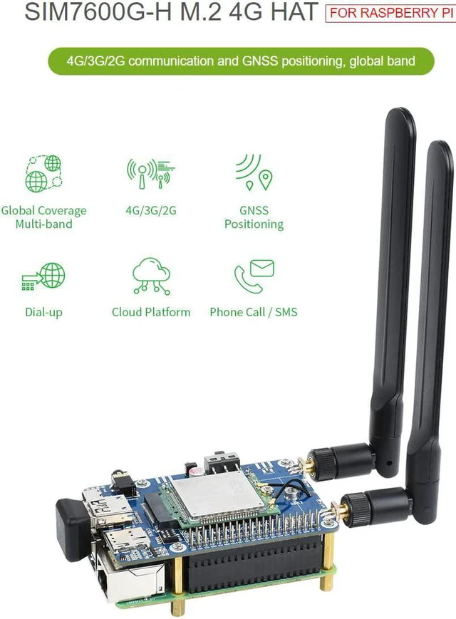 Alt view image 2 of 7 - Waveshare SIM7600G-H M.2 4G HAT, Compatible with Raspberry Pi 5/4B/3B/Zero/Zero W/Zero 2W/Pico/Pico W/Pico WH, LTE CAT4 High Speed Global Coverage Multi Band 4G/3G/2G, GNSS