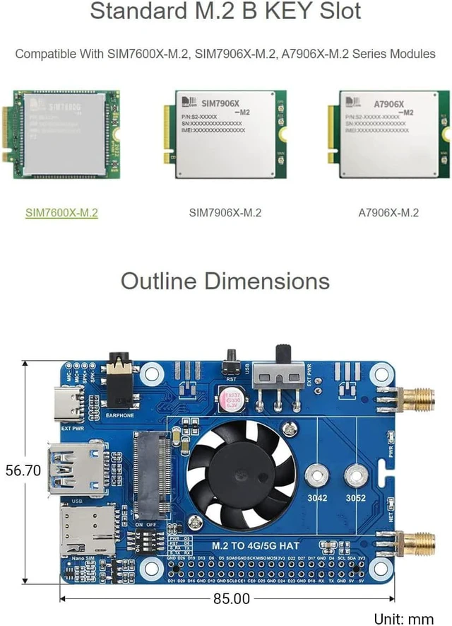 Alt view image 6 of 7 - Waveshare SIM7600G-H M.2 4G HAT, Compatible with Raspberry Pi 5/4B/3B/Zero/Zero W/Zero 2W/Pico/Pico W/Pico WH, LTE CAT4 High Speed Global Coverage Multi Band 4G/3G/2G, GNSS