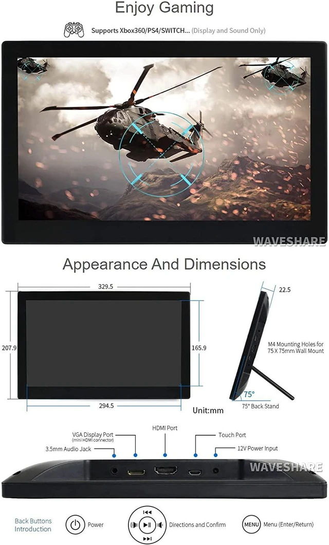 Alt view image 7 of 7 - waveshare Capacitive Touch Screen HDMI IPS LCD V1 in 13.3inch with Case Supports Raspberry Pi 4B/3B+/3B etc. Compatible with Jetson Nano/PC