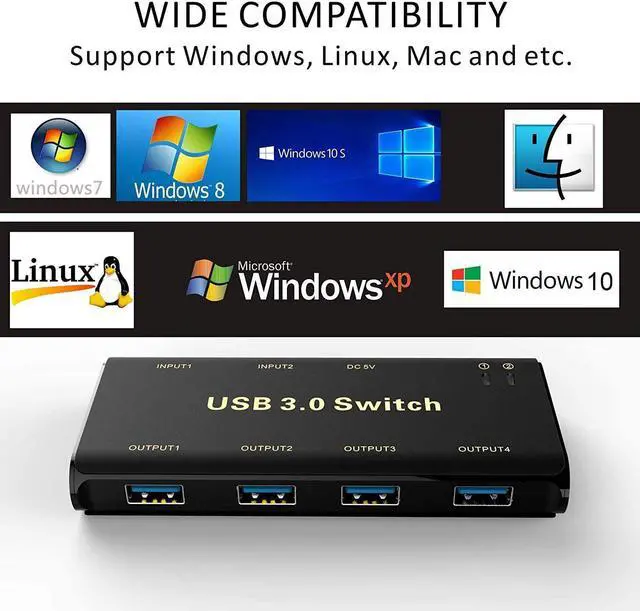 Alt view image 6 of 7 - USB 3.0 Switch Selector,ABLEWE KVM Switcher Adapter 4 Port USB Peripheral Switcher Box Hub for Mouse, Keyboard, Scanner, Printer, PCs with One-Button Switch and 2 Pack USB Cable