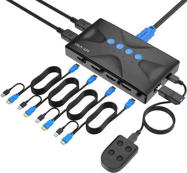 Main image of KVM Switch 4 Port, MT-VIKI HDMI KVM Switch for 4 Computers Share One HD 4K Monitor and 3 USB Devices Keyboard Mouse Printer, Including 4 KVM Cables and Wire-Desktop Controller