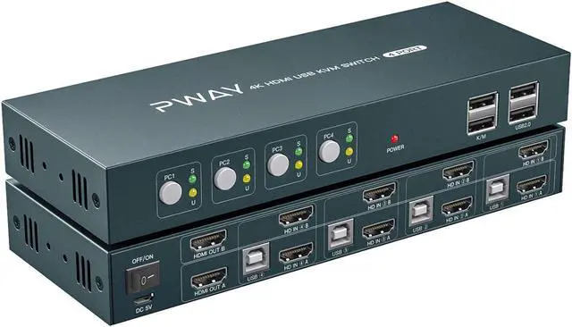 Main image of 4 Port KVM Switch HDMI Dual Monitor Extended Display, 4K@30Hz 2 USB 2.0 Hub, Wireless Keyboard & Mouse and Hotkey Switch Supported, 4 in 2 Out, Powered by USB