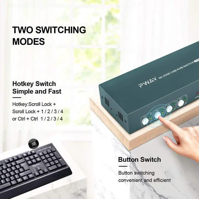 Alt view image 5 of 6 - 4 Port KVM Switch HDMI Dual Monitor Extended Display, 4K@30Hz 2 USB 2.0 Hub, Wireless Keyboard & Mouse and Hotkey Switch Supported, 4 in 2 Out, Powered by USB