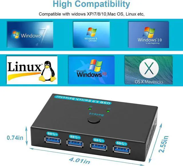 Alt view image 5 of 7 - SGEYR USB 3.0 Switch USB Switcher 2 Computers Sharing 4 USB Devices USB Metal KVM Switch for Printer, Keyboard switches, Scanner PCs with One-Button Swapping and 2 Pack USB Cables