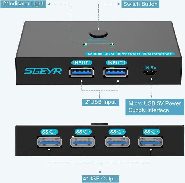 Alt view image 6 of 7 - SGEYR USB 3.0 Switch USB Switcher 2 Computers Sharing 4 USB Devices USB Metal KVM Switch for Printer, Keyboard switches, Scanner PCs with One-Button Swapping and 2 Pack USB Cables