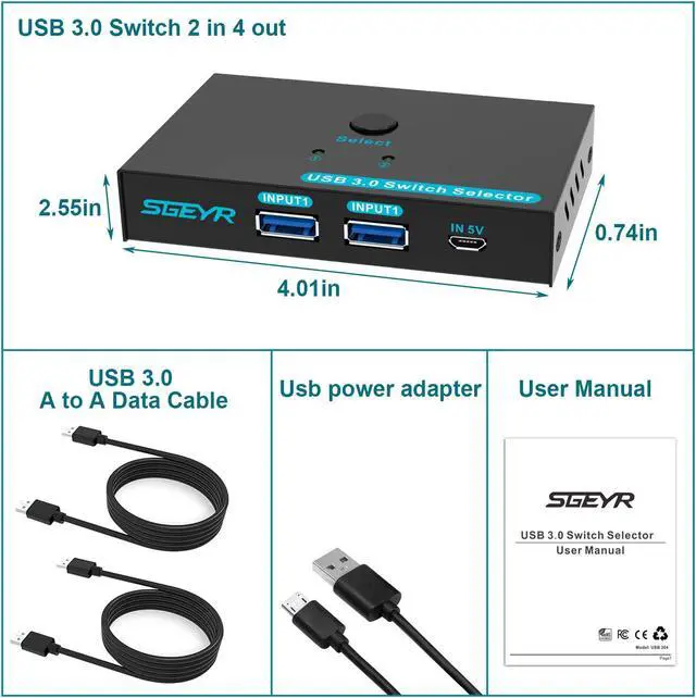 Alt view image 7 of 7 - SGEYR USB 3.0 Switch USB Switcher 2 Computers Sharing 4 USB Devices USB Metal KVM Switch for Printer, Keyboard switches, Scanner PCs with One-Button Swapping and 2 Pack USB Cables