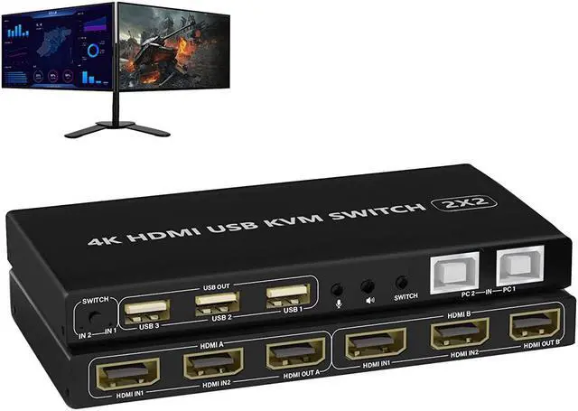 Main image of Dual Monitor HDMI 2.0 KVM Switch 2 Port Extended Display 4K@60Hz, Dual Monitor KVM Switch 2 in 2 Out with Audio Microphone Output and 3 USB 2.0 Hub, 2 HDMI Monitors 2 Computers Dual Monitor Switch