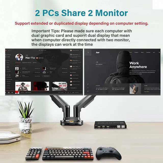 Alt view image 3 of 7 - Dual Monitor HDMI 2.0 KVM Switch 2 Port Extended Display 4K@60Hz, Dual Monitor KVM Switch 2 in 2 Out with Audio Microphone Output and 3 USB 2.0 Hub, 2 HDMI Monitors 2 Computers Dual Monitor Switch