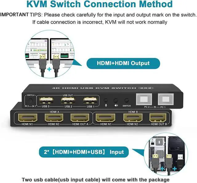 Alt view image 6 of 7 - Dual Monitor HDMI 2.0 KVM Switch 2 Port Extended Display 4K@60Hz, Dual Monitor KVM Switch 2 in 2 Out with Audio Microphone Output and 3 USB 2.0 Hub, 2 HDMI Monitors 2 Computers Dual Monitor Switch