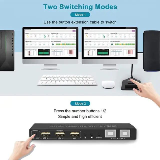 Alt view image 5 of 7 - Dual Monitor HDMI 2.0 KVM Switch 2 Port Extended Display 4K@60Hz, Dual Monitor KVM Switch 2 in 2 Out with Audio Microphone Output and 3 USB 2.0 Hub, 2 HDMI Monitors 2 Computers Dual Monitor Switch