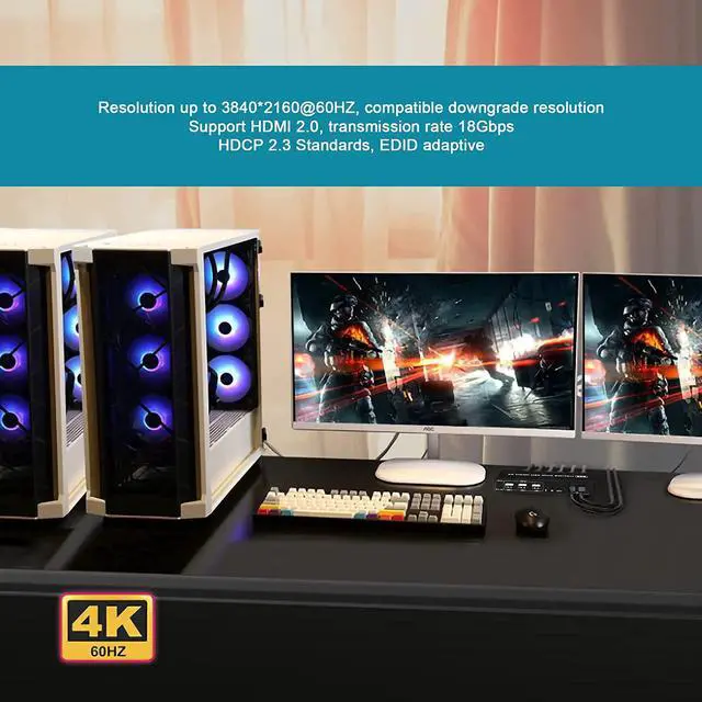 Alt view image 4 of 7 - Dual Monitor HDMI 2.0 KVM Switch 2 Port Extended Display 4K@60Hz, Dual Monitor KVM Switch 2 in 2 Out with Audio Microphone Output and 3 USB 2.0 Hub, 2 HDMI Monitors 2 Computers Dual Monitor Switch