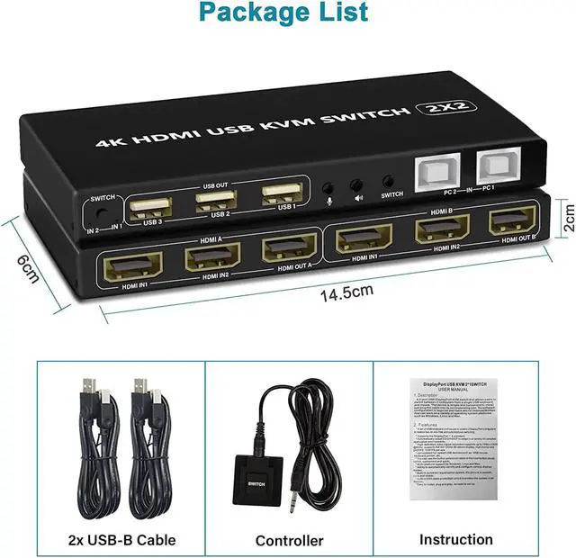 Alt view image 7 of 7 - Dual Monitor HDMI 2.0 KVM Switch 2 Port Extended Display 4K@60Hz, Dual Monitor KVM Switch 2 in 2 Out with Audio Microphone Output and 3 USB 2.0 Hub, 2 HDMI Monitors 2 Computers Dual Monitor Switch
