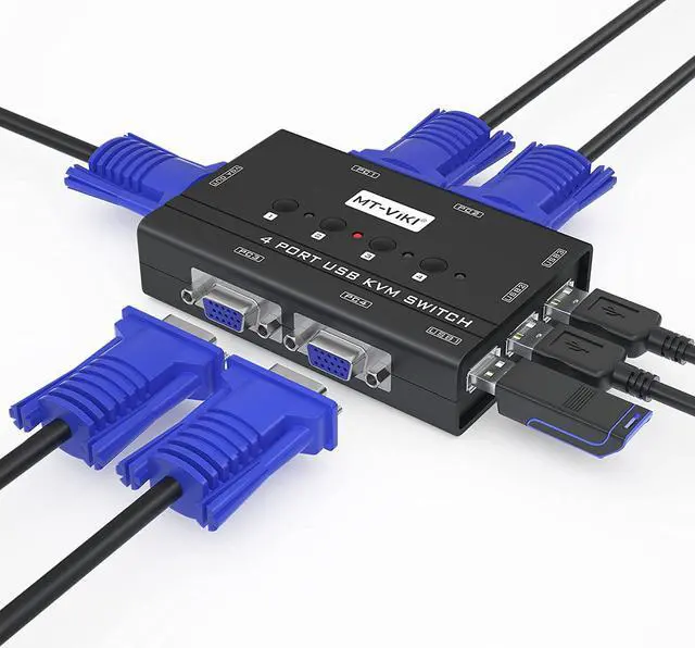 Main image of MT-VIKI KVM Switch VGA, 4 Port KVM Switch for 4 Computers Share One Monitor Keyboard Mouse Printer, 3 USB 2.0 Hub, Included 4 VGA KVM Cables