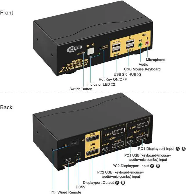 Alt view image 6 of 7 - CKLau 4K@60Hz 2 Port Dual Monitor KVM Switch Displayport with Audio, USB 2.0 Hub and Cables, DP 1.2 KVM Switch 2 Monitors 2 Computers Support Hotkey Switching