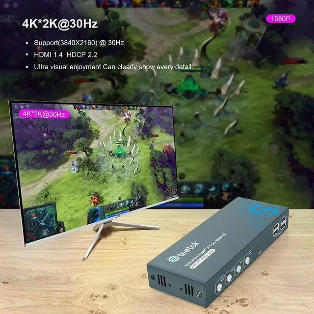 Alt view image 3 of 7 - KVM Switch Dual Monitor 4 Port 4K@30Hz, HDMI KVM Switch Extended Display 4 in 2 Out, PC Screens Keyboard Mouse Switcher. Button Switch and HDCP 1.2 Supported, with 8 HDMI and 4 USB Cables