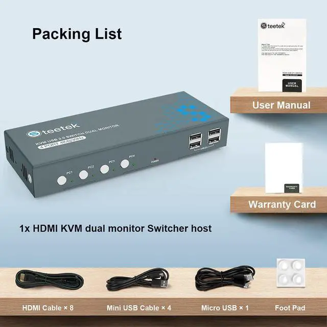 Alt view image 7 of 7 - KVM Switch Dual Monitor 4 Port 4K@30Hz, HDMI KVM Switch Extended Display 4 in 2 Out, PC Screens Keyboard Mouse Switcher. Button Switch and HDCP 1.2 Supported, with 8 HDMI and 4 USB Cables