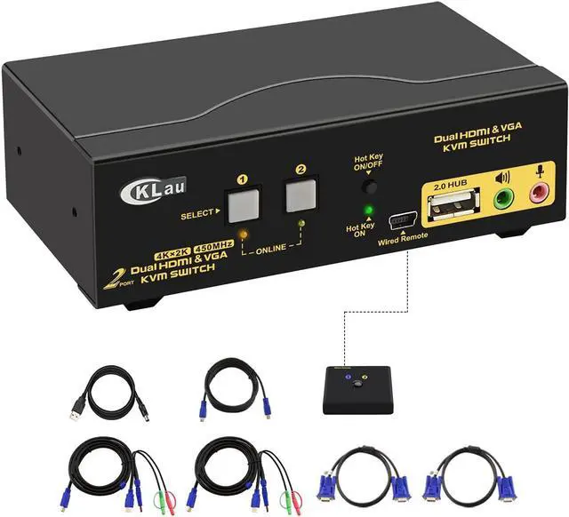 Main image of CKLau 2 Port HDMI + VGA Dual Monitor KVM Switch with Audio, Microphone, USB 2.0 Hub and Cables Support 4Kx2K@30Hz