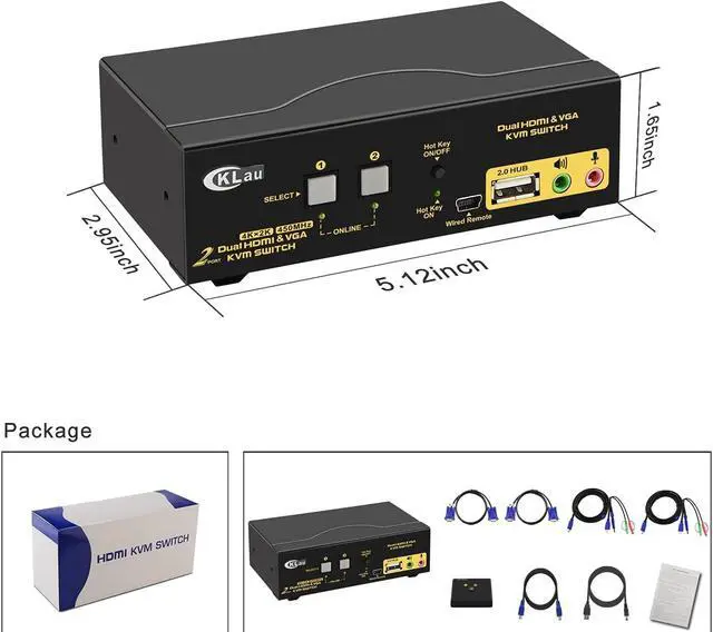 Alt view image 7 of 7 - CKLau 2 Port HDMI + VGA Dual Monitor KVM Switch with Audio, Microphone, USB 2.0 Hub and Cables Support 4Kx2K@30Hz