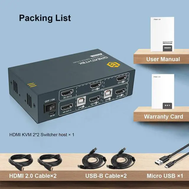 Alt view image 7 of 7 - GREATHTEK KVM Switch HDMI Dual Monitor Extended Display 2 Port, 4 USB 2.0 Hub, UHD 4K@60Hz Resolution YUV4:4:4 Downward Compatible, Button Switch, with All Needed Cables