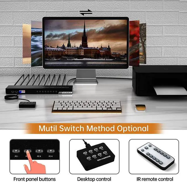 Alt view image 2 of 6 - KVM Switch HDMI 8 Port, Yinker 4K@30Hz USB HDMI Rack Mout KVM 8 in 1 Out w/9pack Cables 4 USB 2.0 Hubs Desktop Selector IR Remote Rack Mount Ears