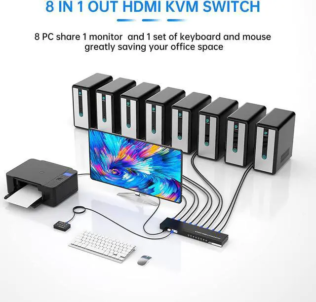 Alt view image 4 of 6 - KVM Switch HDMI 8 Port, Yinker 4K@30Hz USB HDMI Rack Mout KVM 8 in 1 Out w/9pack Cables 4 USB 2.0 Hubs Desktop Selector IR Remote Rack Mount Ears