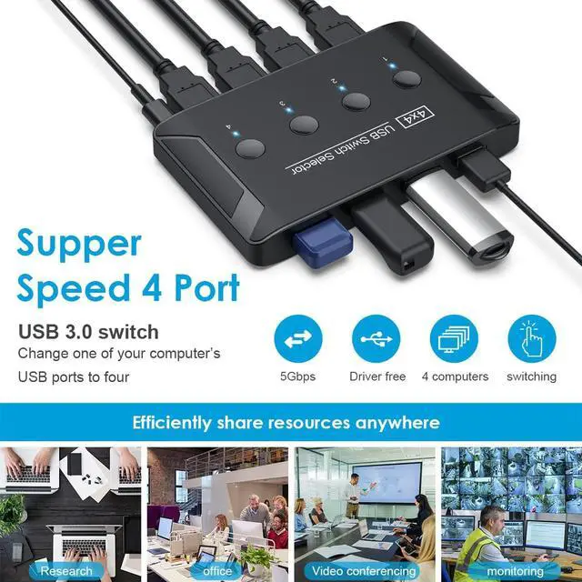 Alt view image 6 of 6 - KVM Switch Selector, 4 Computer Sharing 4 USB Devices USB 3.0 Switches Box for Mouse Keyboard Scanner Printer with Individual Switch Button