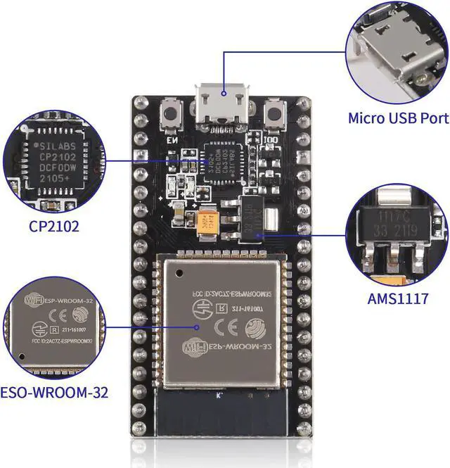 Alt view image 2 of 6 - AITRIP 5PCS 38pin ESP-WROOM-32 ESP32 ESP-32S Development Board 2.4GHz Dual-Mode WiFi + Bluetooth Dual Cores Microcontroller Processor Integrated with Antenna RF AMP Filter AP STA for Arduino IDE