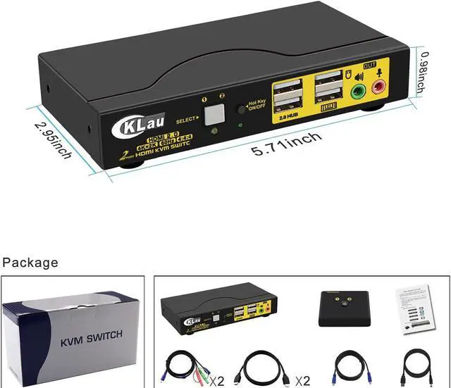 Alt view image 6 of 6 - CKLau 2 Port KVM Switch HDMI, Dual Port KVM HDMI Switch with Audio, Microphone, 2 USB 2.0 Hub and Cables Support Wireless Keyboard Mouse Resolution Up to 4Kx2K@60Hz 4:4:4