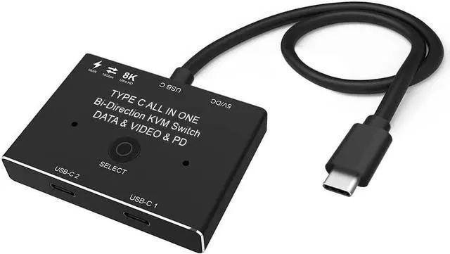 Main image of Ennovor USB C Switch, Bi-Directional USB-C Switcher 8K@60Hz Video 1 in 2 Out/2 in 1 Out with 100W Charging and 10Gbps Data Transfer, Included 5V Power Adapter, Note: Incompatible Thunderbolt Interface
