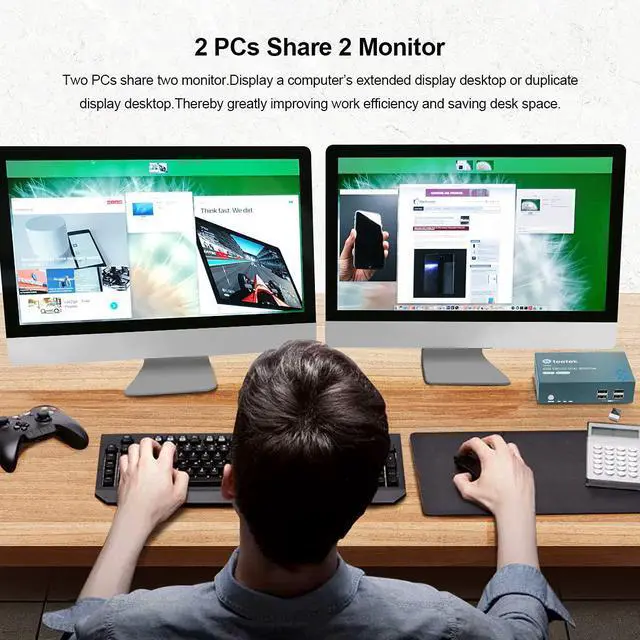 Alt view image 2 of 7 - KVM Switch Dual Monitor HDMI 2 Port, 4K @ 60Hz, YUV 4:4:4, 2 PCs 2 Monitors by 1 Keyboard Mouse Control, KVM Switch HDMI Extend Display, 4 USB 2.0 Hub, Button Switch, 4 HDMI and 2 USB Cables Included