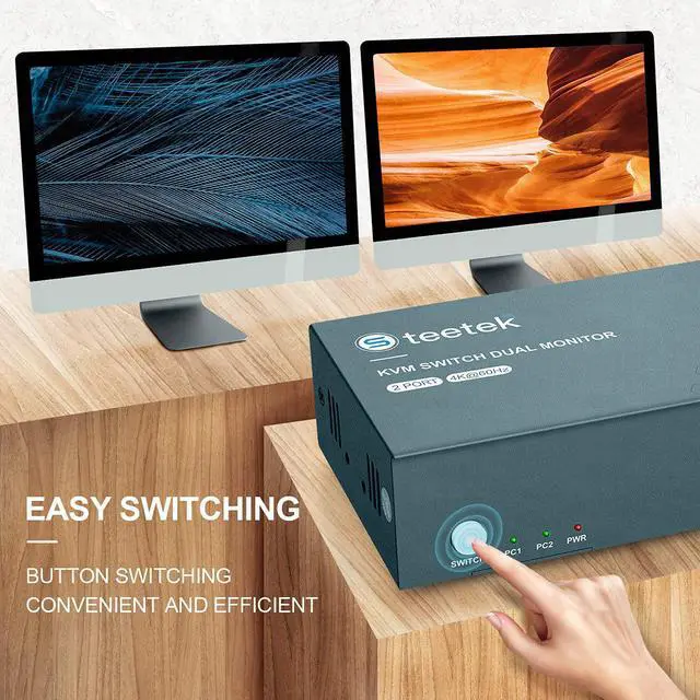 Alt view image 5 of 7 - KVM Switch Dual Monitor HDMI 2 Port, 4K @ 60Hz, YUV 4:4:4, 2 PCs 2 Monitors by 1 Keyboard Mouse Control, KVM Switch HDMI Extend Display, 4 USB 2.0 Hub, Button Switch, 4 HDMI and 2 USB Cables Included