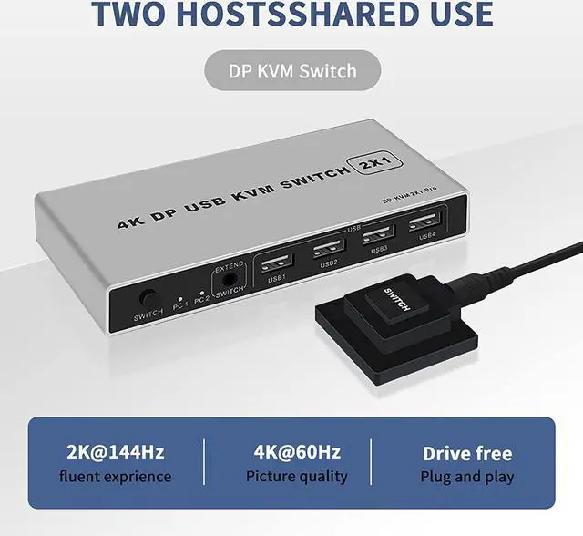 Alt view image 5 of 7 - Ennovor 2 Port Displayport KVM Switch 4K@60Hz, BolAAzuL Dual-Port Displayport DP 1.2 KVM Switcher 2X1 4KX2K@60Hz 2K(2560X1440)@144Hz Supports USB DP 2 in 1 Out