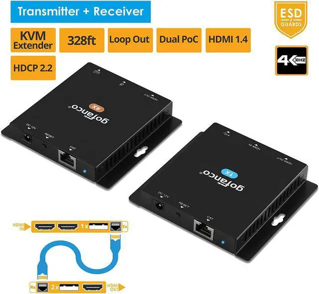 Alt view image 2 of 7 - gofanco USB KVM and HDMI 1.4 Over CAT6 / CAT7 Extender  328ft Extension, 4K @30Hz HDMI Video, 2X USB Keyboard/Mouse, Near Zero Latency, HDMI Loopout, Dual PoC, HDCP 2.2, ESD Protection (KVMHDExt100)