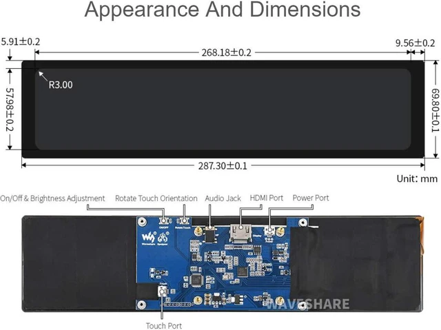 Alt view image 6 of 7 - Waveshare 11.9inch Capacitive Touch Screen LCD Compatible with Raspberry Pi 5/4B/3B+/3A+/2B/B+/A+/Zero/Zero W/WH/Zero 2W CM3+/4 320×1480 Resolution HDMI IPS Supports Jetson Nano/Windows