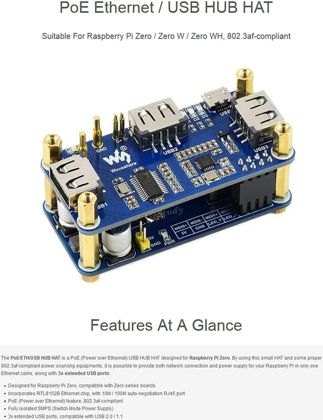 Alt view image 2 of 7 - PoE Ethernet/USB HUB HAT for Raspberry Pi Zero W WH with 1x RJ45 3X USB 2.0 Ports 802.3af-Compliant @XYGStudy (PoE/ETH/USB HUB HAT)