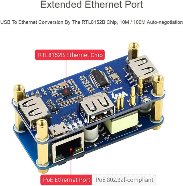 Alt view image 6 of 7 - PoE Ethernet/USB HUB HAT for Raspberry Pi Zero W WH with 1x RJ45 3X USB 2.0 Ports 802.3af-Compliant @XYGStudy (PoE/ETH/USB HUB HAT)