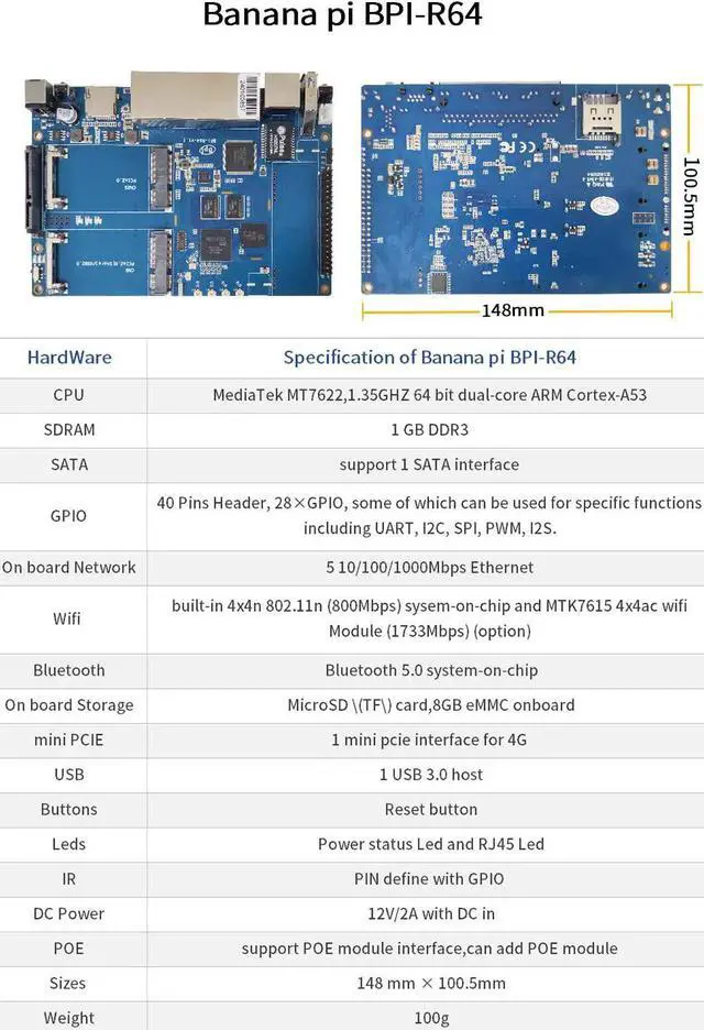 Alt view image 3 of 7 - Banana Pi BPI R64 Smart WiFi Router - High Speed Wireless Router,Dual Band, 5 Gigabit Port with 1GB DDR3 Based in MediaTek MTK MT7622 Soc OpenWRT for NAS VPN Server